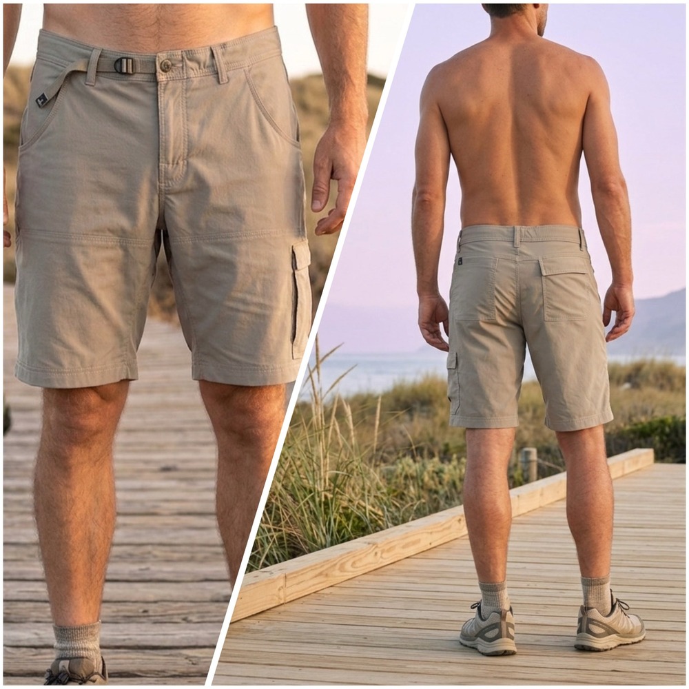 Prana Mens Stretch Zion Shorts 34W x 10L Khaki Tan Hiking Cargo M3ST10117